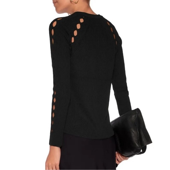 Milly Sweaters - Milly Ribbed Pointelle Cutout Sweater Wool Crewneck Black Small Whimsigoth Chic